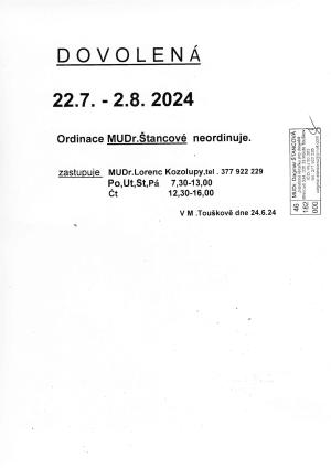 MUDr. Štancová - dovolená